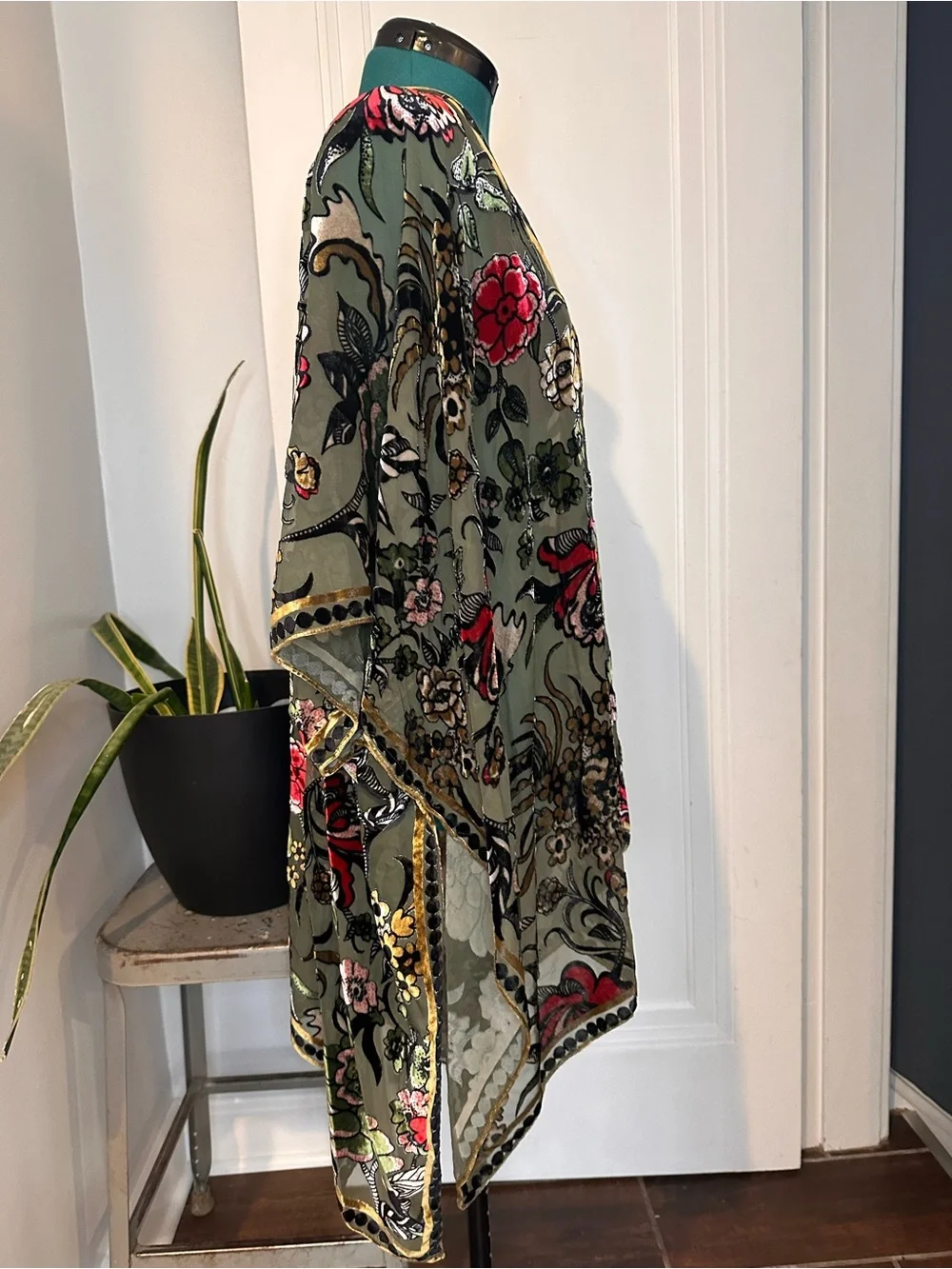 Olive Floral Embroidered Sheer Kimono with Red & Green Accents one size - Picture 3 of 11